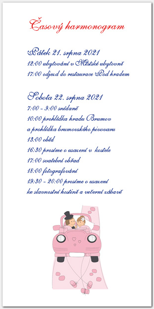 Harmonogram svatebního dne auto s novomanžely 1019