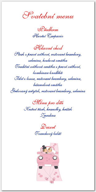 Svatební menu auto s novomanžely 1019