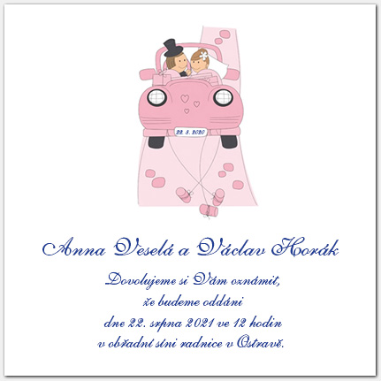 Svatební oznámení auto s novomanžely 1019c