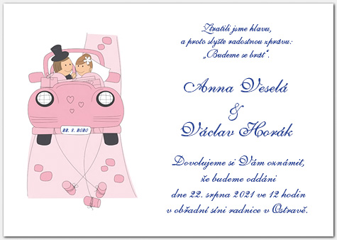 Svatební oznámení auto s novomanžely 1019a