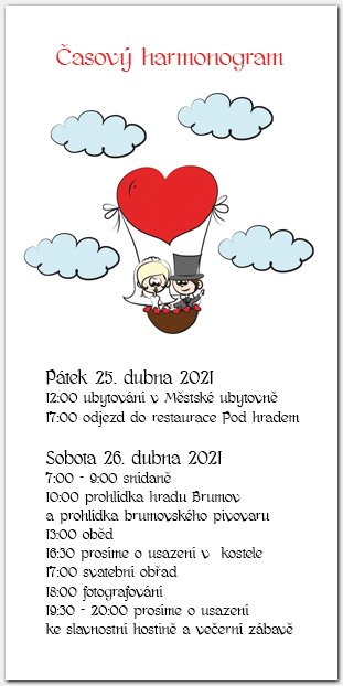 Harmonogram svatebního dne s novomanžely v balónu 1021