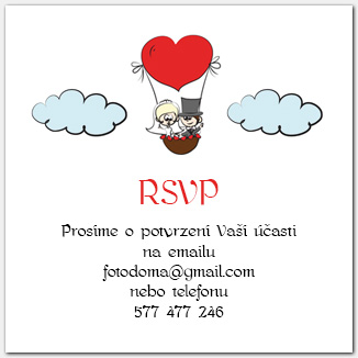 Svatební odpovědní kartička RSVP s novomanžely v balónu 1021