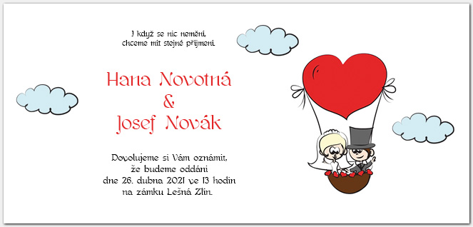 Svatební oznámení s novomanžely v balónu 1021b