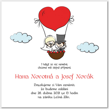 Svatební oznámení s novomanžely v balónu 1021c