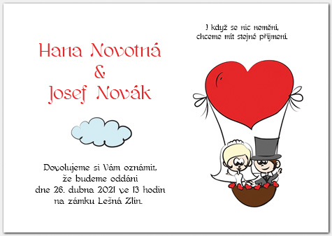 Svatební oznámení s novomanžely v balónu 1021a