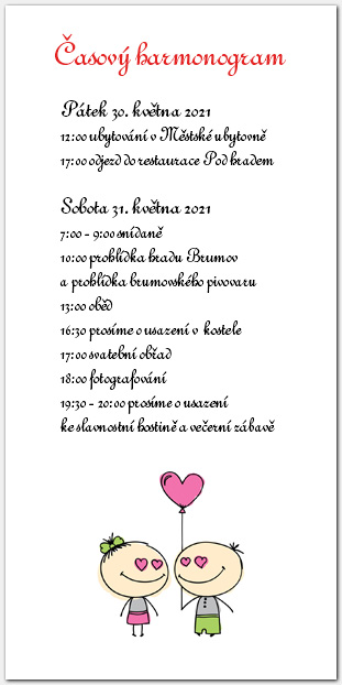 Harmonogram svatebního dne s postavičkami 1022