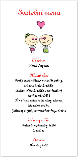 Svatební menu s postavičkami 1022