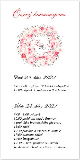 Harmonogram svatebního dne s věncem růžových růží 1029