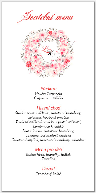 Svatební menu s věncem růžových růží 1029