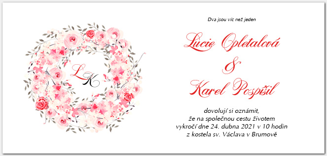 Svatební oznámení 1029b s věncem růžových růží