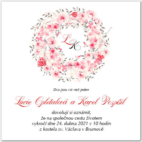 Svatební oznámení s věncem růžových růží 1029c