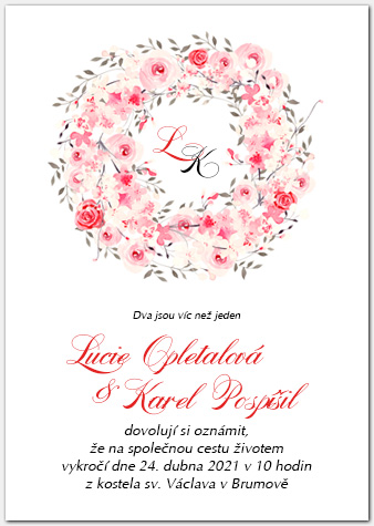 Svatební oznámení 1029a s věncem růžových růží
