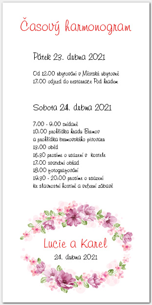 Harmonogram svatebního dne zdobené květinami 1034