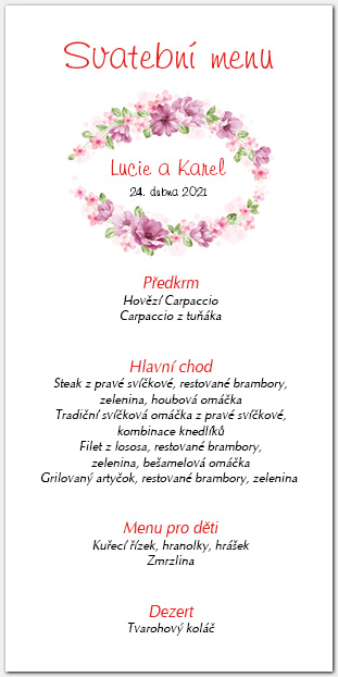 Svatební menu zdobené květinami 1034