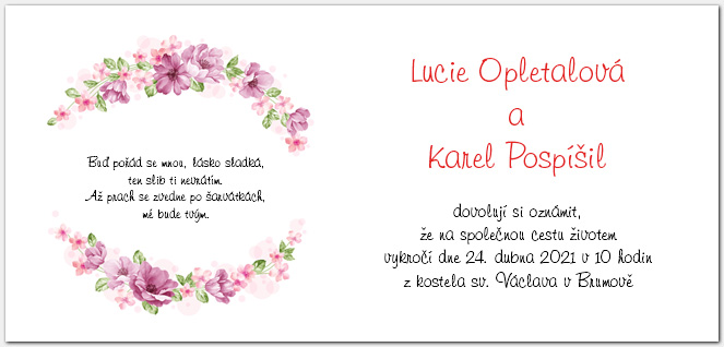 Svatební oznámení 1034b zdobené květinami