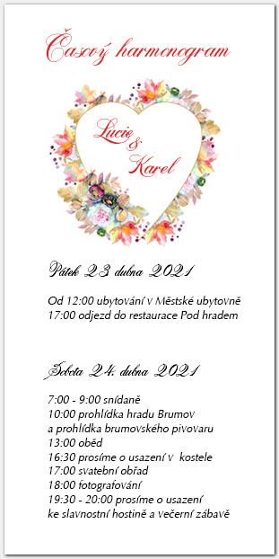 Harmonogram svatebního dne se zdobeným srdcem 1038