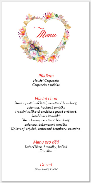 Svatební menu se zdobeným srdcem 1038