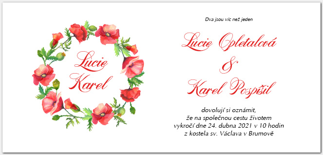 Svatební oznámení 1040b s věncem vlčích máků