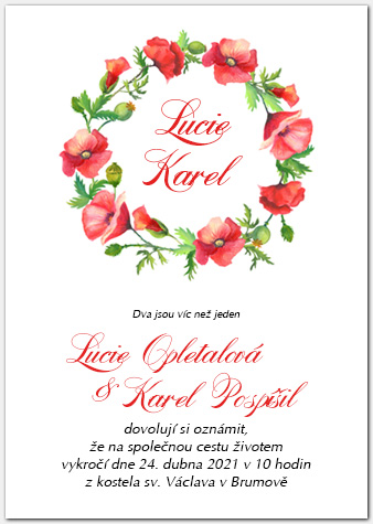 Svatební oznámení 1040a s věncem vlčích máků