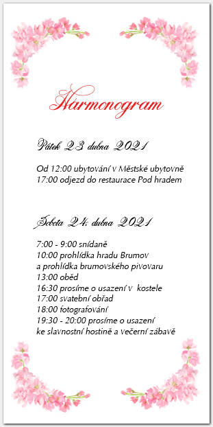 Harmonogram svatebního dne s růžovými květy 1041