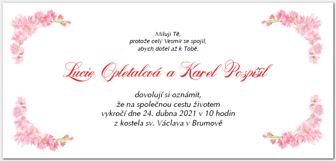 Svatební oznámení 1041b s růžovými květy