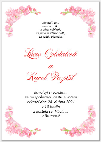 Svatební oznámení 1041a s růžovými květy