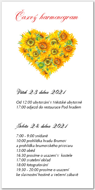 Harmonogram svatebního dne se srdcem ze slunečnic 1042
