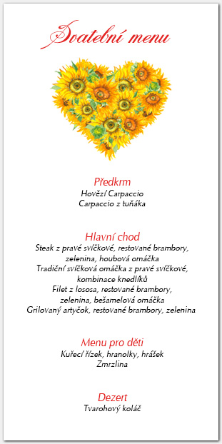 Svatební menu se srdcem ze slunečnic 1042