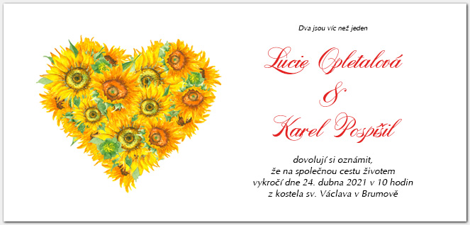 Svatební oznámení 1042b se srdcem ze slunečnic