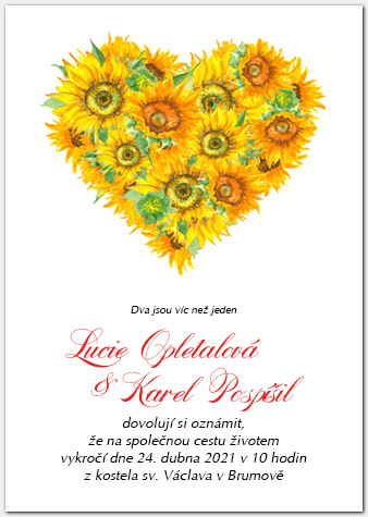 Svatební oznámení 1042a se srdcem ze slunečnic