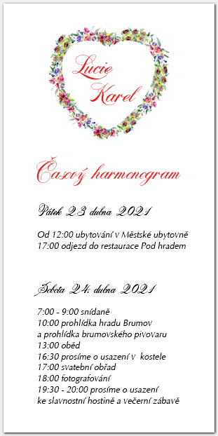 Harmonogram svatebního dne s květinovým srdcem 1050