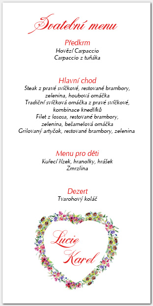 Svatební menu s květinovým srdcem 1050