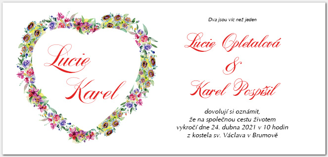 Svatební oznámení 1050b s květinovým srdcem