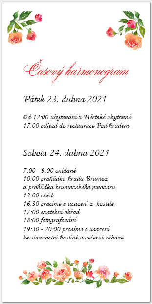 Harmonogram svatebního dne s růžemi 1051