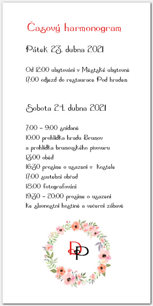 Harmonogram svatebního dne s květinovým věncem 1052