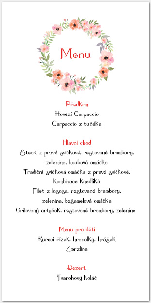 Svatební menu s květinovým věncem 1052