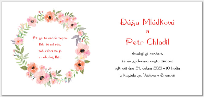 Svatební oznámení 1052b s květinovým věncem