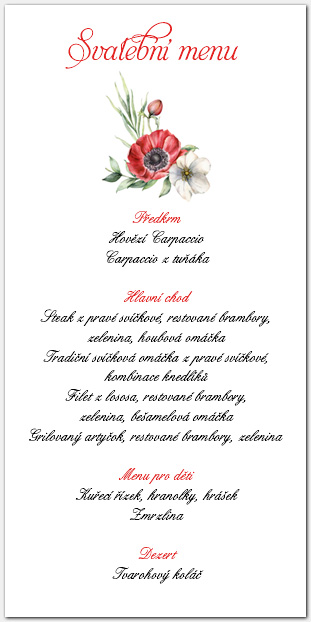 Svatební menu s akvarelovými květy 1054