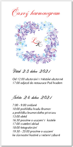 Harmonogram svatebního dne s fialovými květy 1059