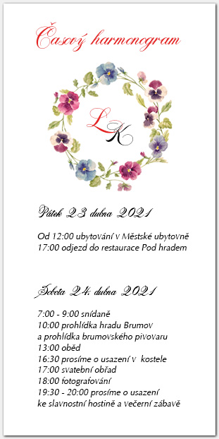 Harmonogram svatebního dne s květy macešek 1060