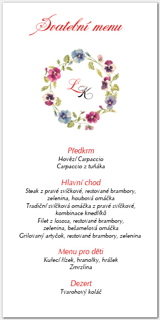 Svatební menu s květy macešek 1060
