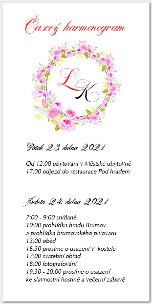 Harmonogram svatebního dne s věncem růží 1062