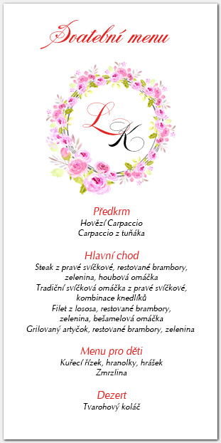 Svatební menu s věncem růží 1062