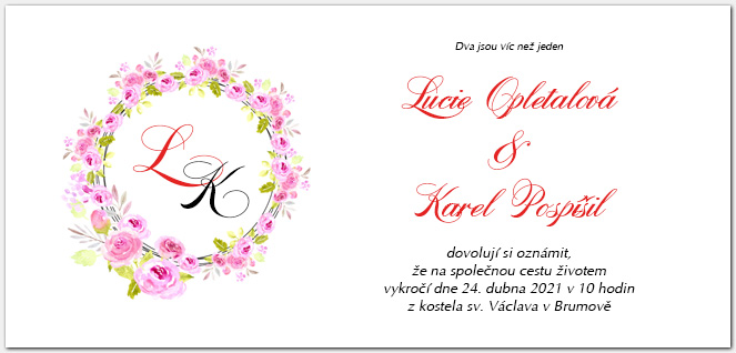 Svatební oznámení 1062b s věncem růží