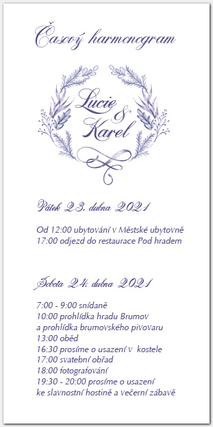 Harmonogram svatebního dne s modrofialovou výzdobou 1064