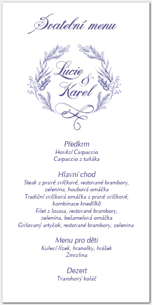 Svatební menu s modrofialovou výzdobou 1064