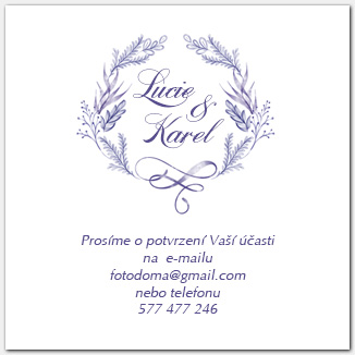 Svatební odpovědní kartička RSVP s modrofialovou výzdobou 1064