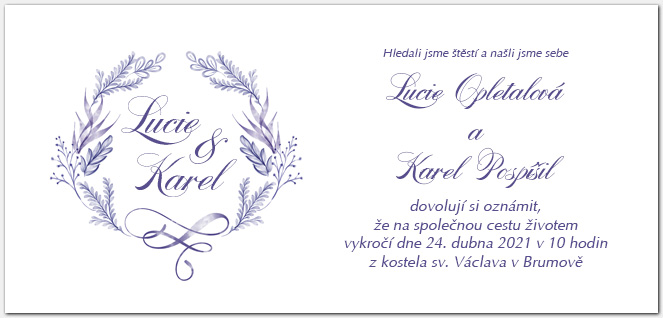 Svatební oznámení 1064b s modrofialovou výzdobou
