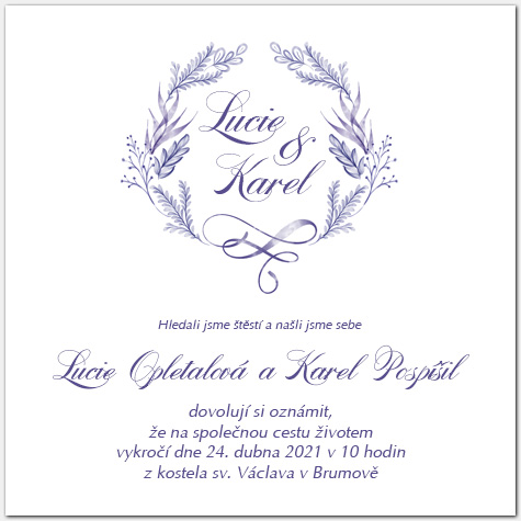Svatební oznámení s modrofialovou výzdobou 1064c