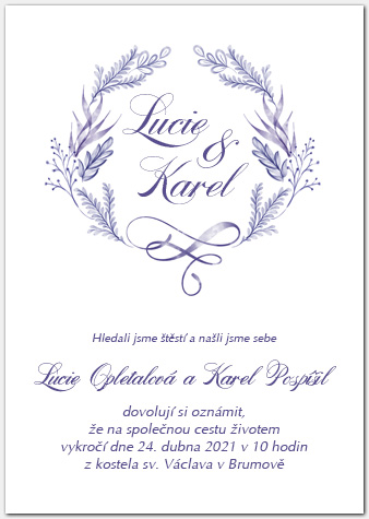 Svatební oznámení 1064a s modrofialovou výzdobou